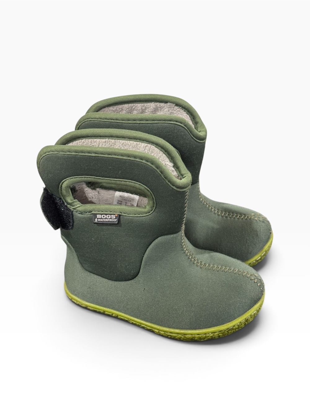Bogs Kids Olive Green Waterproof Snow Boots with Yellow-Green Soles